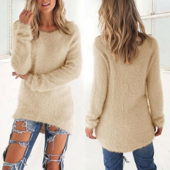 Tops - Furry o neckline hi-lo long sleeve tunic top